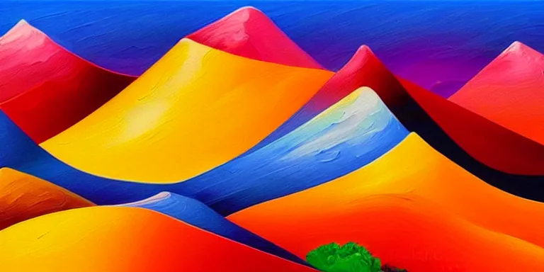 Prompt: a beautiful abstract painting of a mountainous landscape with vibrant colors geometric brushstrokes