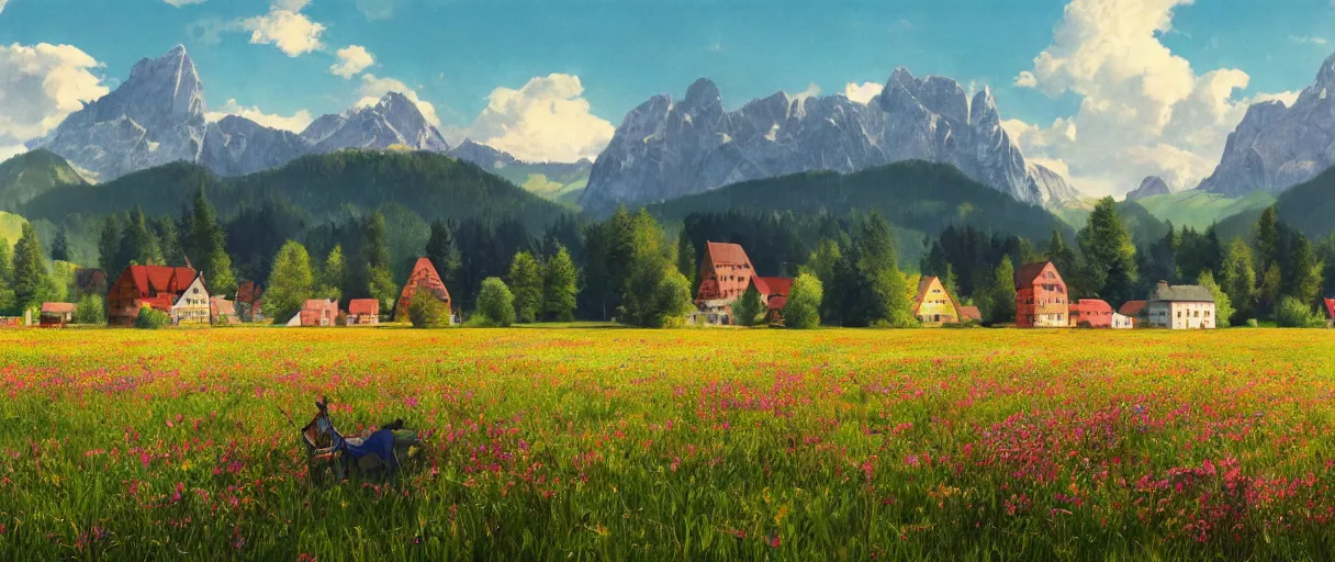 Prompt: a ultra photorealistic and sharp film still of an a sunny and colourful open field in 1 9 0 0 in the middle of the bavarian alps, germany. wide shot, wes anderson, studio ghibli, pixar and disney animation, octane render, anime key art by greg rutkowski, dramatic lighting, award winning photography