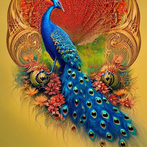 Prompt: queen of peacocks by android jones, trending on artstation