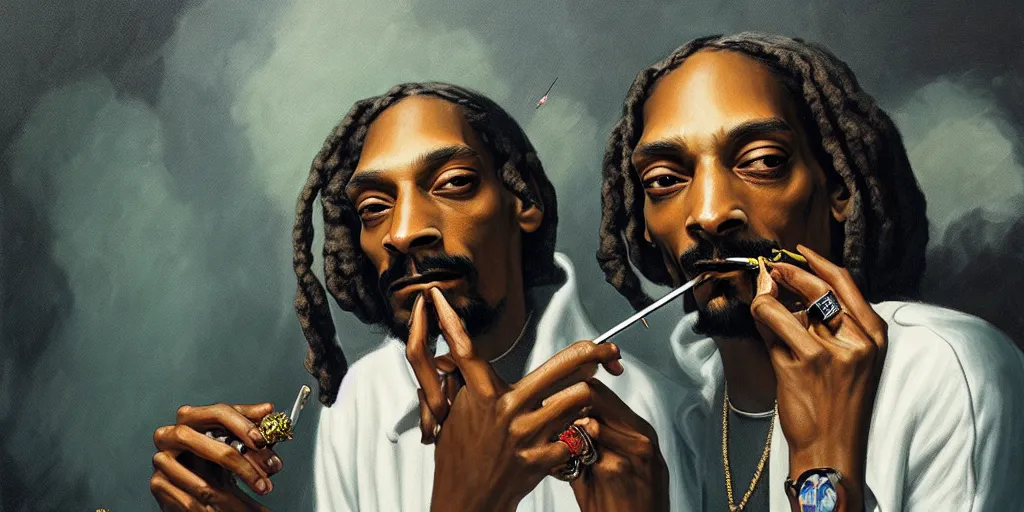 Image similar to breathtaking detailed concept art painting of snoop dogg smoking weed in a cannabis paradise, by hsiao - ron cheng, exquisite detail, extremely moody lighting, 8 k