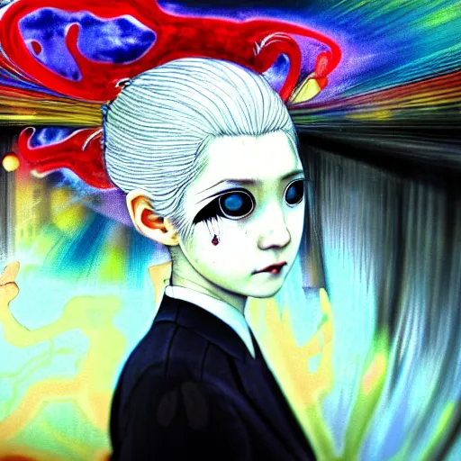 Image similar to yoshitaka amano blurred and dreamy three quarter angle portrait of a girl with white hair and black eyes wearing dress suit with tie, playstation 2 horror game, junji ito abstract patterns in the background, satoshi kon anime, chungking express color palette, noisy film grain effect, highly detailed, renaissance oil painting, weird portrait angle, blurred lost edges