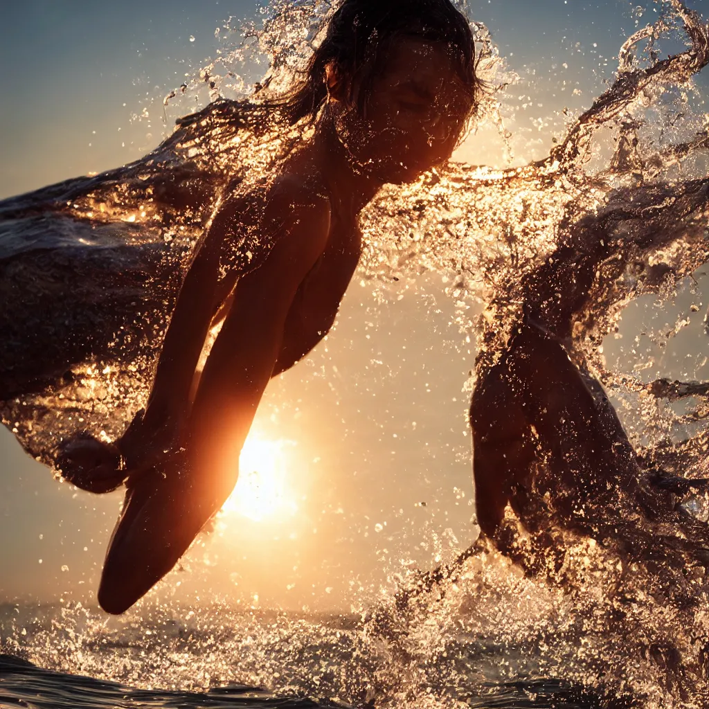 Prompt: a closeup photorealistic photograph of glistering sweaty skin face in the surf during sunset. professional capture, well lit shot. this 4 k hd image is trending on artstation, featured on behance, well - rendered, extra crisp, features intricate detail, epic composition and the style of unreal engine.