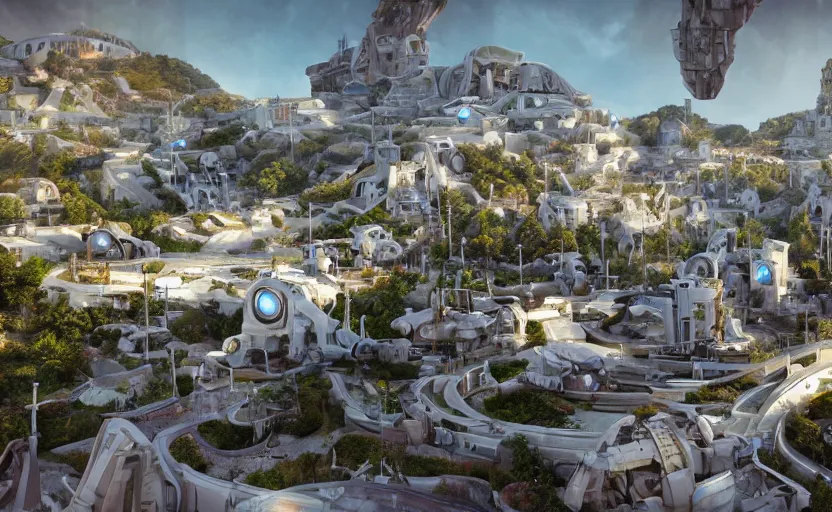 Image similar to futuristic robotic village with technology, white, purple roofs, ancient greek style, sci-fi, beams, tubes, pipes, built on a steep hill, on top of the hill is a futuristic greek temple, pillars, cyberpunk, cgi, in the style of Pixar, hyper realistic, Unreal Engine 5, octane render, trending on art station