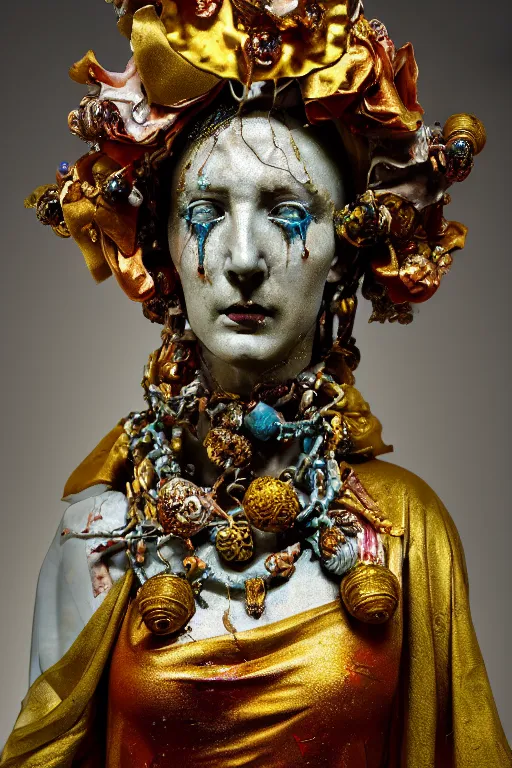 Prompt: stained cracked porcelain statue of wired matte sacred old queen, sculpture with metallic polished intricated surface, dressed with a colorful torn silk cloak and gold ornaments, made by antonio corradini, and dug stanat macabre art, dark surrealism, epic and cinematic view, volummetric light, texturized, detailed, venezian carnival, high graphics 8 k