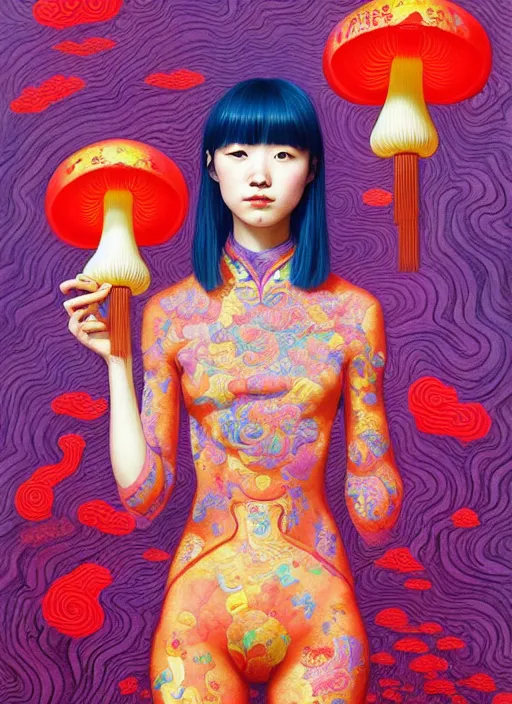 Image similar to pretty chinese girl holds hallucination mushroom : : by martine johanna and simon stalenhag and chie yoshii and casey weldon and wlop : : ornate, dynamic, particulate, rich colors, intricate, elegant, highly detailed, centered, artstation, smooth, sharp focus, octane render, 8 k