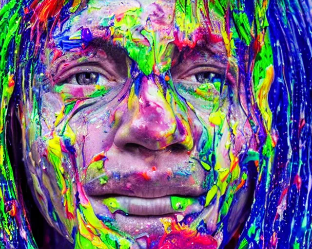 Image similar to still shot close up footage of the portrait of a human head made of acrylic pour and splashing paint and paint explosion and dripping paint and flying paint chunk, motion blur, hyperrealistic, medical, intricate art photography, anatomically correct, realistic crisp textures, 1 6 k