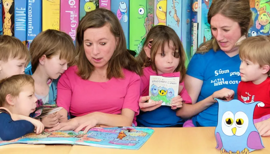 Prompt: kindergarten teacher reading a megg, mogg and owl book to 4 children