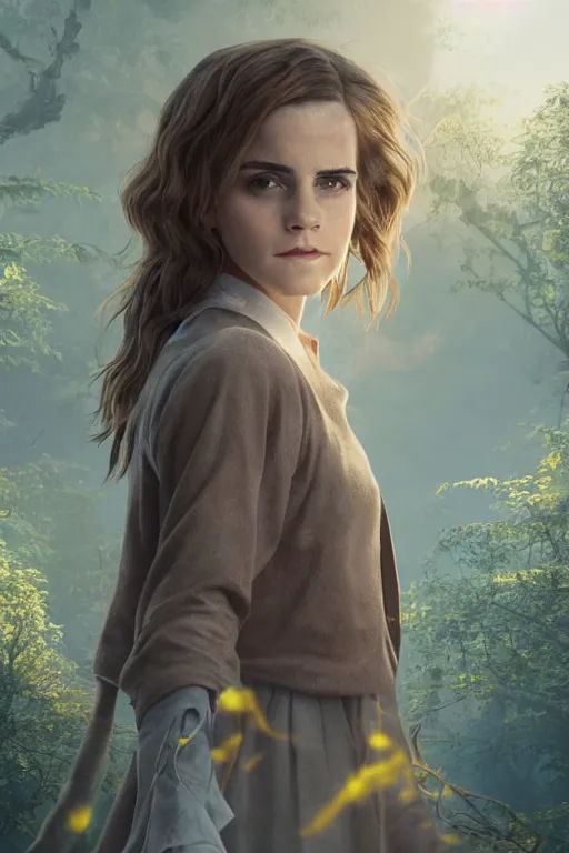 Prompt: Emma Watson as Hermione Granger, magical, forest, evening, yellow mist, symmetrical face, hyper realistic, digital art, octane render, trending on artstation, artstationHD, artstationHQ, unreal engine, 4k, 8k