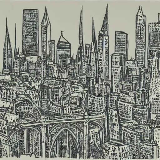 Image similar to A beautiful print of a cityscape with tall spires and delicate bridges. grey by Jackson Pollock angular