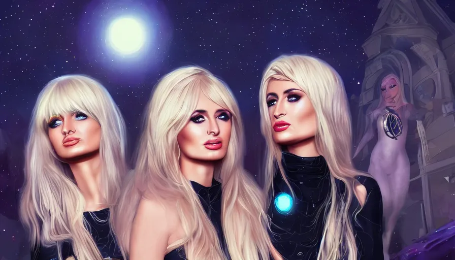 Image similar to Kim Petras and Paris Hilton written in the stars, hyperdetailed, artstation, cgsociety, deviantart 8k