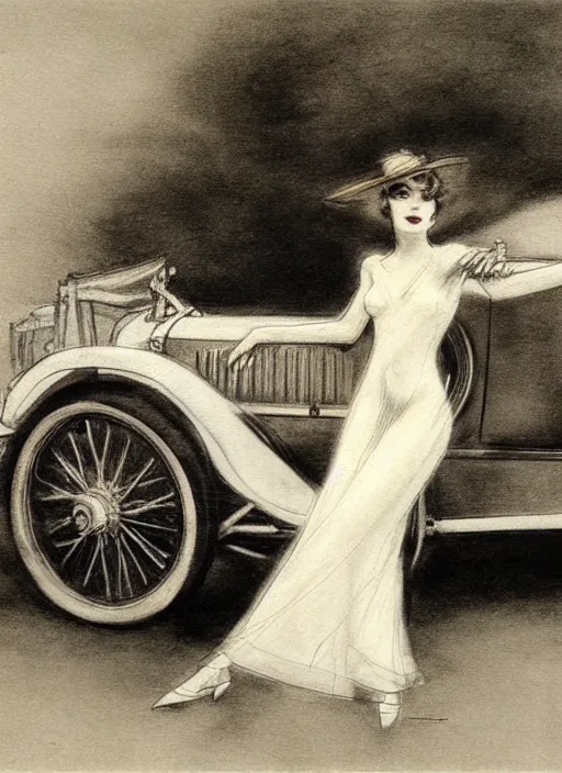 Image similar to Louis Icart, a drawing of a woman posing in front of a 1920's car by Louis Icart, highly detailed, masterpiece, trending on ArtStation, ultra realistic