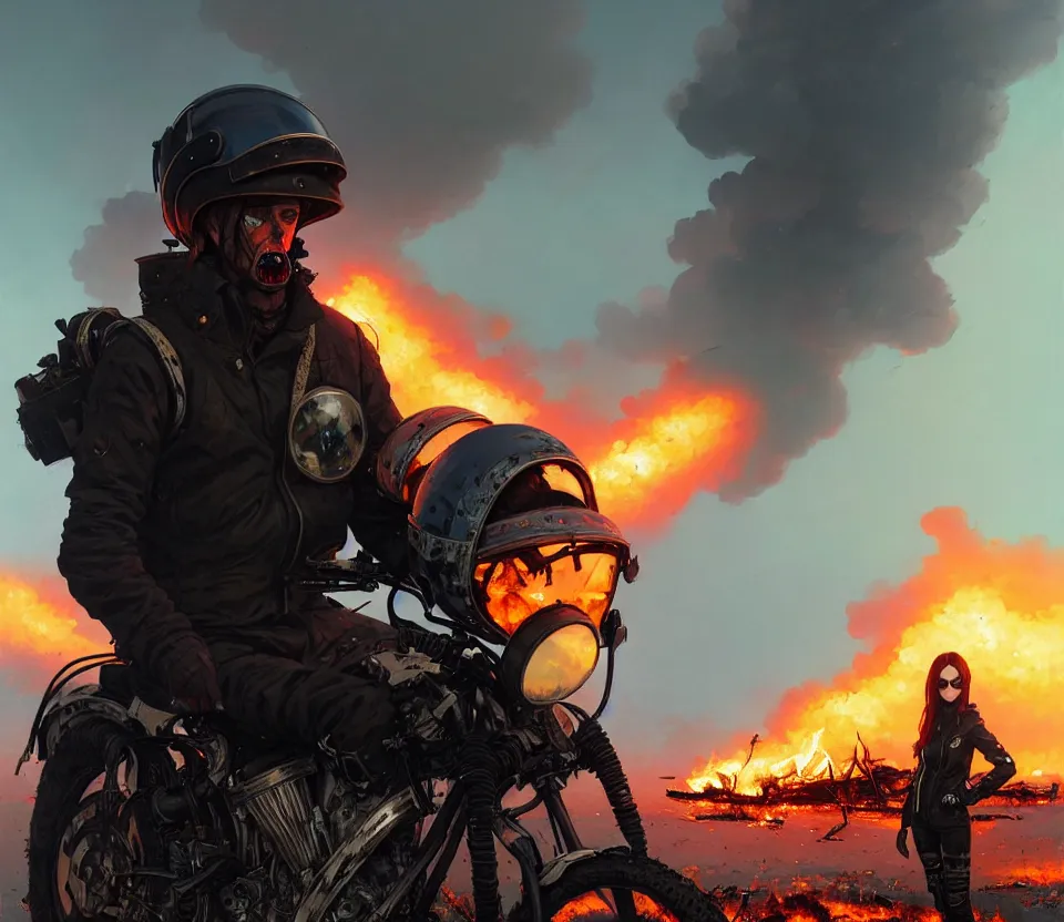 Prompt: a ultradetailed beautiful panting of post apocalyptic biker with helmet in front of crashed airplane burning, by ilya kuvshinov, greg rutkowski and makoto shinkai, trending on artstation