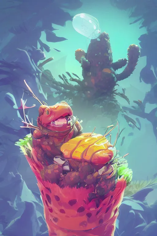 Image similar to 3 d render creature animal sushi cristal very big eye roots cactus elemental flush of force nature micro world fluo fishscale, comics gta 5 cover, official fanart behance hd artstation by jesper ejsing, by rhads, makoto shinkai and lois van baarle, ilya kuvshinov, ossdraws