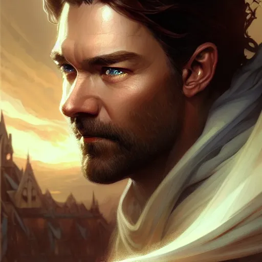 Image similar to Antony Starr closeup, D&D style, fantasy, intricate, elegant, highly detailed, digital painting, artstation, concept art, matte, sharp focus, illustration, art by Artgerm and Greg Rutkowski and Alphonse Mucha