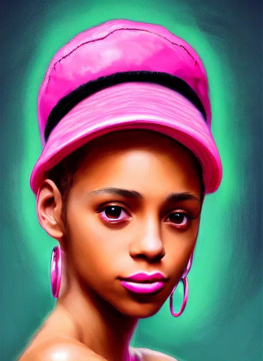 Image similar to portrait of teenage vanessa morgan with bright pink hair, black girl, vanessa morgan, curly pixie cut hair, wearing newsboy cap, newsboy cap, hoop earrings, intricate, elegant, glowing lights, highly detailed, digital painting, artstation, concept art, smooth, sharp focus, illustration, art by wlop, mars ravelo and greg rutkowski