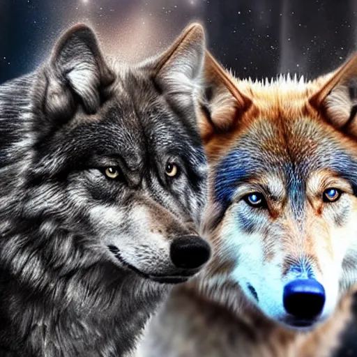 Prompt: a pack of artificially intelligent wolves enhanced by magic