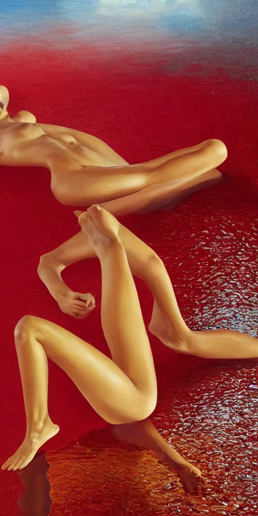 Image similar to Emily Ratajkowski with beautiful face and full body laying in a blood red pool of water between a bright golden glowing mirror frame, outside is space and inside the mirror frame is a beautiful landscape. Hyperrealistic surreal 4K IMAX Rene Margritte intricate, elegant, highly detailed, digital painting, artstation, concept art, smooth, sharp focus, illustration, art by artgerm and greg rutkowski and alphonse mucha