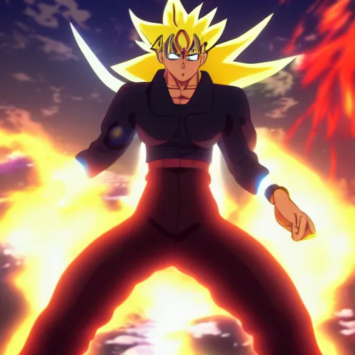 Prompt: an epic anime of a energy man super sayayin, black jacket, ghibli, unreal 5, octane render, rpg portrait, dynamic lighting, epic, epic anime, 2 d