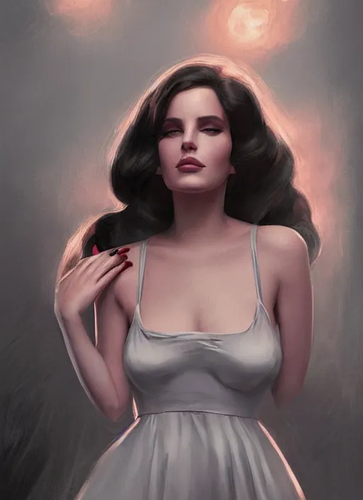 Image similar to lana del rey as a heroine with a dress inspired by american horror story, holding her chest, large bosum, digital painting, artstation, concept art, smooth, sharp focus, illustration, in - frame, centered, art by artgerm and donato giancola and joseph christian leyendecker, ross tran, wlop