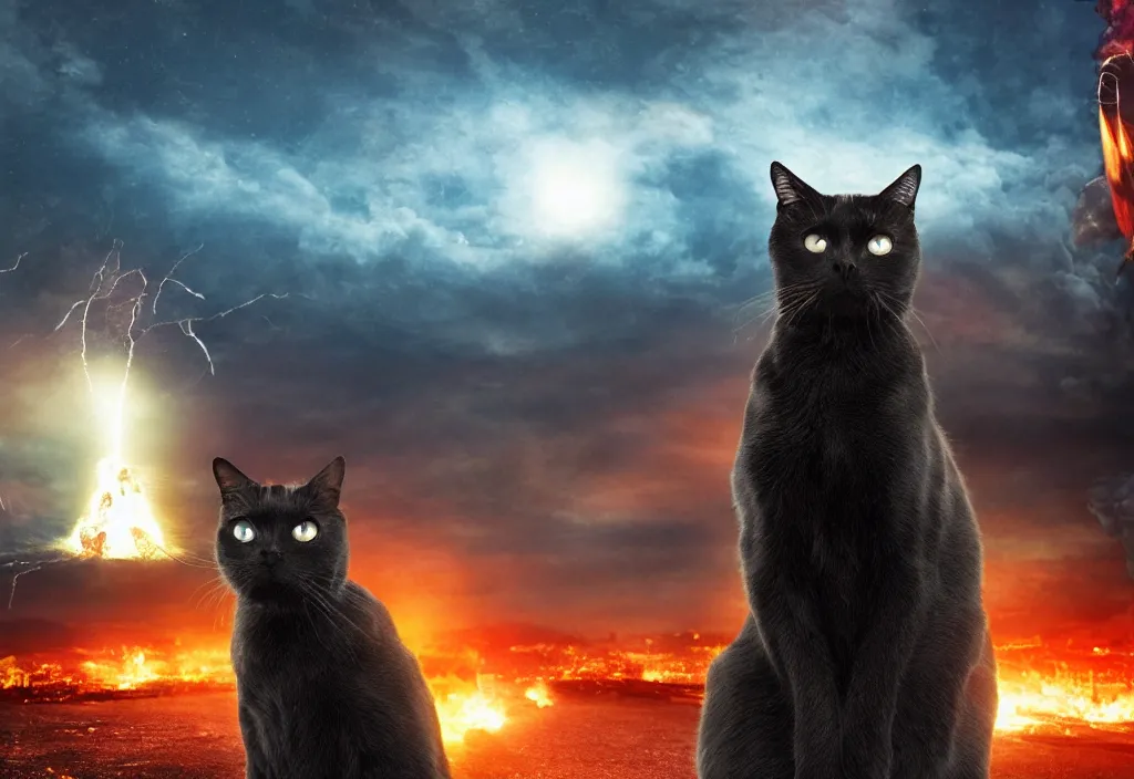 Image similar to old manwith black cat watching nuke explosion cinematic, background blur bokeh, world ending nuke, 4 k
