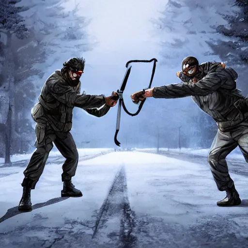 Image similar to Solid Snake and Gordon Freeman fight on an abandoned military base, winter, very detailed, hyper realism, epic, close-up fight, digital art, concept art, illustration, artstation, cgi, 4k