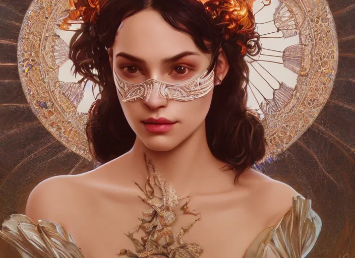 Image similar to masked, perfectly-centered-Portrait of the most beautiful woman on the planet , intricate, highly detailed, artstation, concept art, concept render, octane, redshift, smooth, sharp focus, illustration,award-winning, Unreal Engine 5, 8K, art by artgerm and greg rutkowski and alphonse mucha