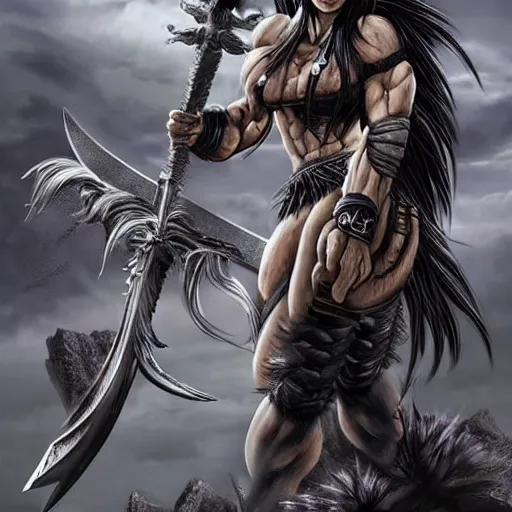 Image similar to realistic art style, warrior girl, muscular girl, wild spiky black saiyan hair, long spiky hair, electrified hair, holding scimitar made of bone, scimitar, sword, jagged sword, curved sword, orkish sword, colorized, gray skin, hyper - detailed, primeval fantasy, prehistoric fantasy, art by jacques - louis david