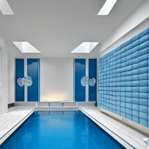 Image similar to dream poolrooms backroom with walls and ceilings of white ceramic tiles, light coming in with blue skies