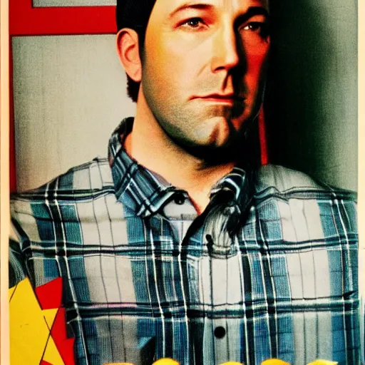 Prompt: sad ben affleck wearing checkered shirt and white cap, soviet movie poster