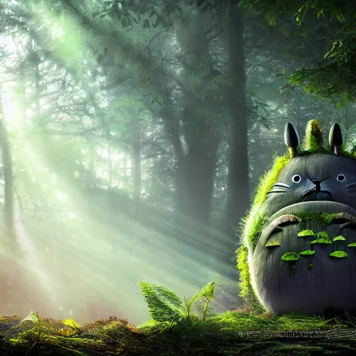 Prompt: A forest with a ray of light shining down onto the forest floor, soot sprouts floating, totoro hiding behind tree, magical, enchanting, beautiful, fantasy, digital art, high detail, excellent quality, 4K, OLED