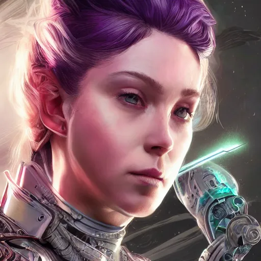 Image similar to close up portrait of julia fox in smooth purple sci - fi armor, long black ponytail, elegant, intense, woman, an ultrafine hyperdetailed illustration by kim jung gi, irakli nadar, intricate linework, sharp focus, bright colors, octopath traveler, final fantasy, unreal engine 5, global illumination, radiant light