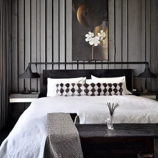 Image similar to bedroom, stone, interior design, stylish luxury hotel bedroom design, yakisugi, black vertical slatted timber, textures, feminine, black walls, art, Japanese pottery vase with flowers, kakejiku, seasonal, Japanese influences