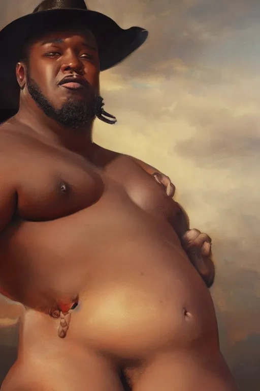 Prompt: a beautiful dramatic epic painting of a thicc chubby handsome shirtless black man | he is wearing a leather harness and cowboy hat | prairie setting | homoerotic, highly detailed, dramatic lighting | by Mark Maggiori, by William Herbert Dunton, by Charles Marion Russell | trending on artstation