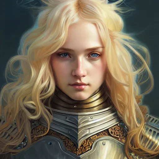 Image similar to Portrait of a girl with blonde wavy hair wearing a heavy knight armor, face, fantasy, intricate, elegant, highly detailed, digital painting, artstation, concept art, smooth, sharp focus, illustration, art by Wei Fan and Fernanda Suarez and Artem Demura and alphonse mucha