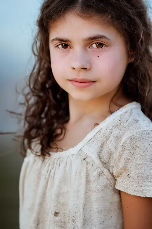 Image similar to close up headshot of a middle-school girl with brown eyes and unkempt wavy short brown hair wearing a white dress and holding a bundle of firewood, high resolution film still, 8k, HDR color, short hair, round face, dimples, beautiful gazing eyes