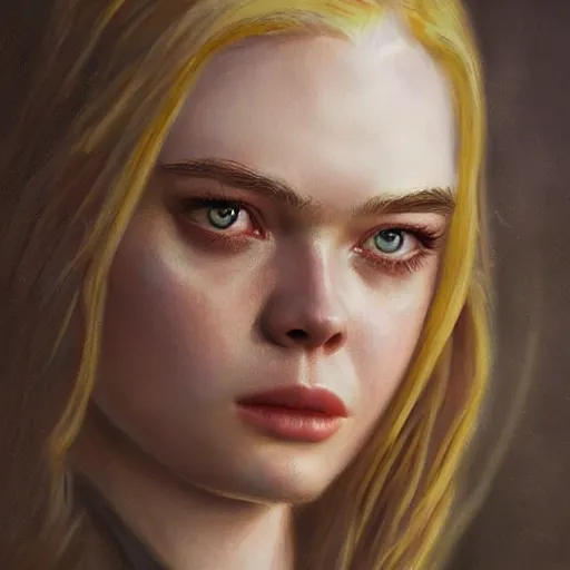 Image similar to ultra realistic portrait painting of elle fanning as a western outlaw, art by erick arciniega, 4 k, ultra realistic, highly detailed, epic lighting