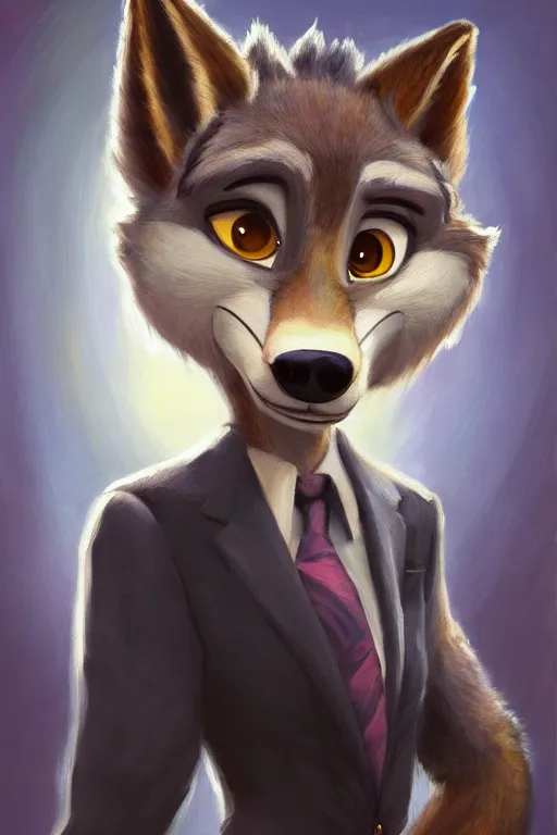 Image similar to oil painting of anthromorphic female wolf, in style of zootopia, female fursona, furry, furaffinity, 4 k, deviantart, furry art, fursona art, wearing black business suit, business suit, wolf fursona, female, smug expression,