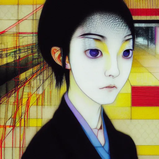 Image similar to yoshitaka amano blurred and dreamy realistic three quarter angle portrait of a young woman with short white hair and black eyes wearing office suit with tie, junji ito abstract patterns in the background, satoshi kon anime, noisy film grain effect, highly detailed, renaissance oil painting, weird portrait angle, blurred lost edges