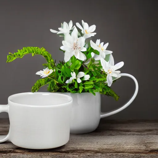 Image similar to ceramic mug surrounded by white flowers and green leaves, soft clean zen minimalist, white background, brightly lit, cool crisp