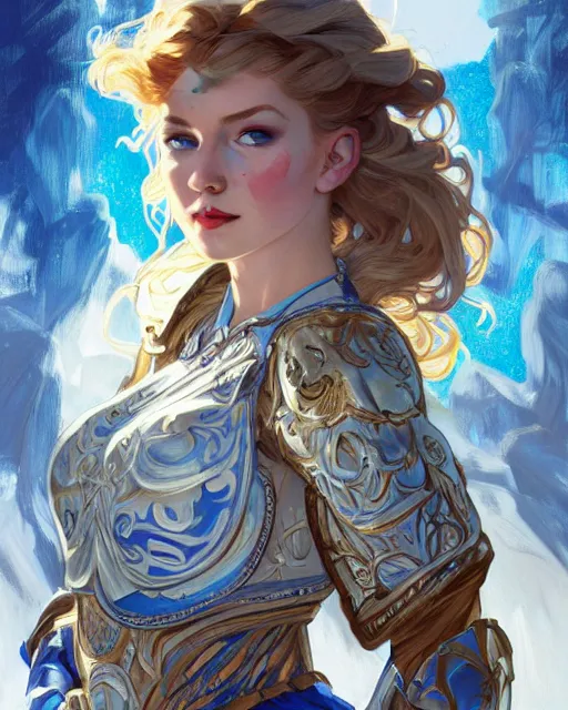 Image similar to movie poster of young blonde girl in blue and white armor, high fantasy, intricate detail, digital painting, artstation, concept art, smooth, sharp focus, illustration, art by Fernanda Suarez and Artem Demura and alphonse mucha