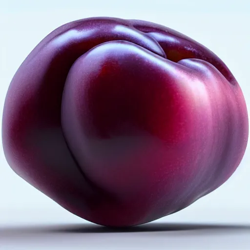 Image similar to upclose, intricate hyper detailed ultra sharp plum on a table, plum shaped as face of jeff goldblum, material is!!! plum!!!, sentient fruit, sharp focus, global illumination, radiant light, alexandre ferra, irakli nadar, octane render, unreal engine, 4 k, ultra hd,