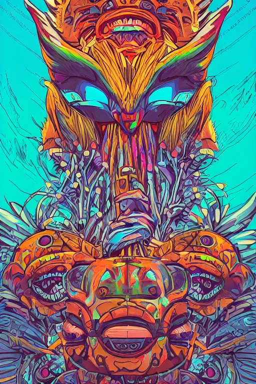 Image similar to totem animal mask tribal feather gemstone plant wood rock shaman vodoo video game vector illustration vivid multicolor borderlands comics by josan gonzales and dan mumford radiating a glowing aura