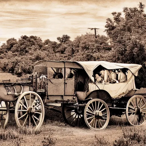 Image similar to a monochromatic sepia photograph of a delorean time machine traveling with covered wagons and pioneers on the oregon trail, trending on art station,