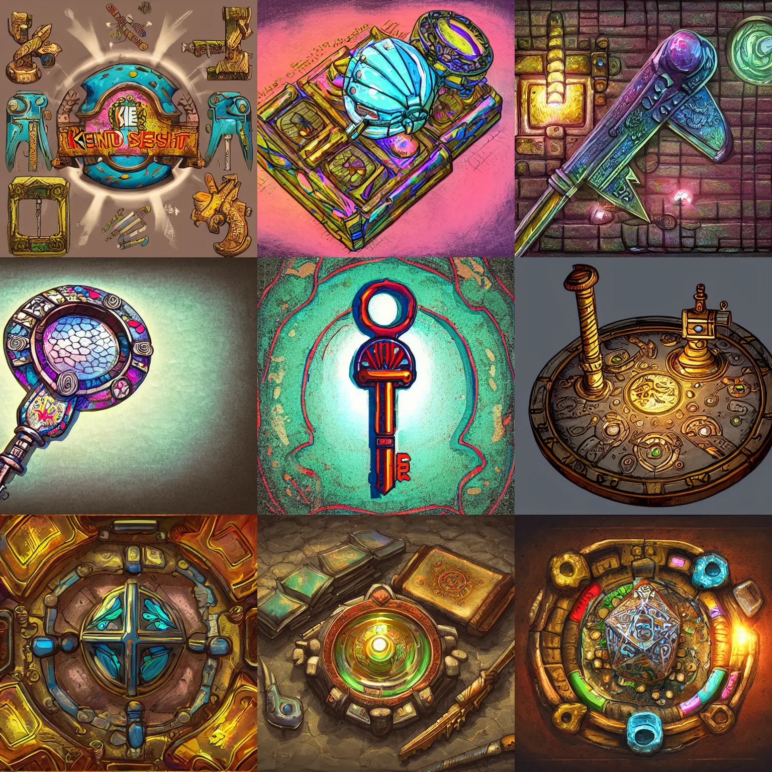 Prompt: key, detailed illustration of an object with handpainted textures, rpg game style, center, rim lights and glow, colorful, high depth and details