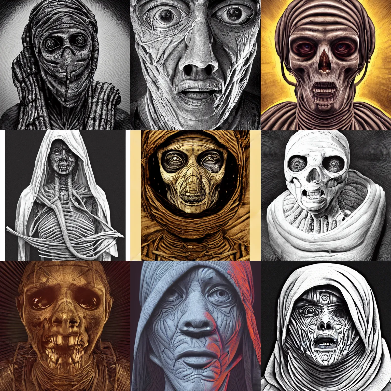 Prompt: highly detailed illustration of a mummy, hyper realistic, sci - fi horror art