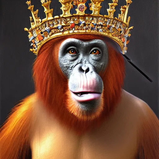 Image similar to a royal medieval portrait painting of an orangutan wearing a crown and smoking a cigarette, 4 k, hyper realistic, dslr, landscape, high resolution, painting,