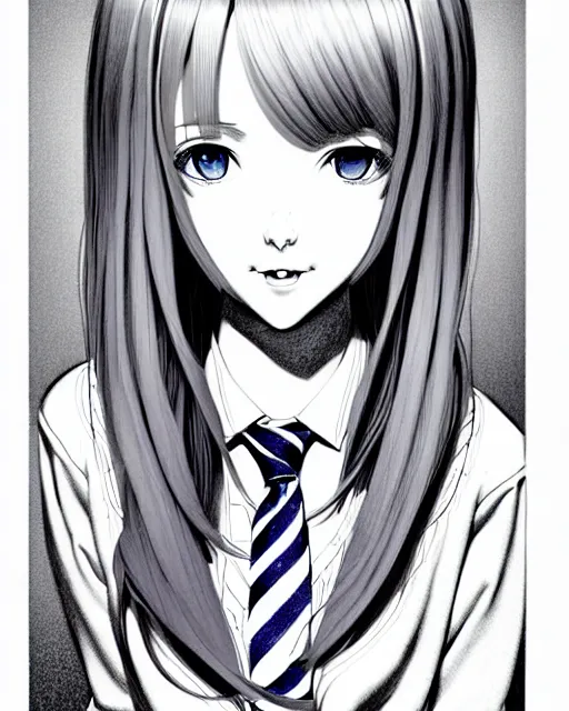 Image similar to depicting a young mischievous female prep school student with medium length bright blonde hair and pale skin, in an old study room, complex artistic color ink pen sketch illustration, subtle detailing, artwork by Artgerm and Range Murata.