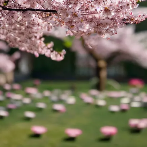 Image similar to perfume buried in cherry - blossom petals with a blurred floral garden in the background