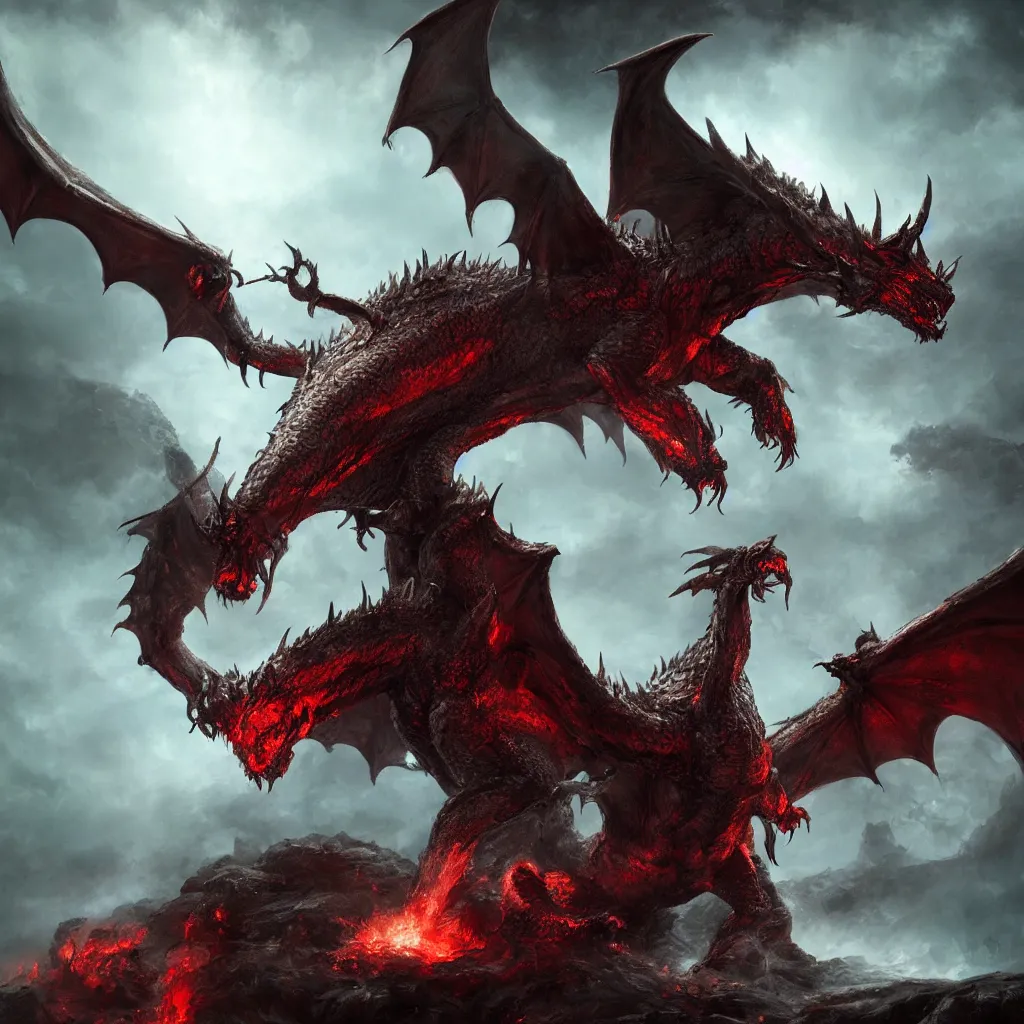 Image similar to from the depths of hell was he summoned, the great dragon beast rose from the fires with gleaming red eyes, in the style of raymond swanland