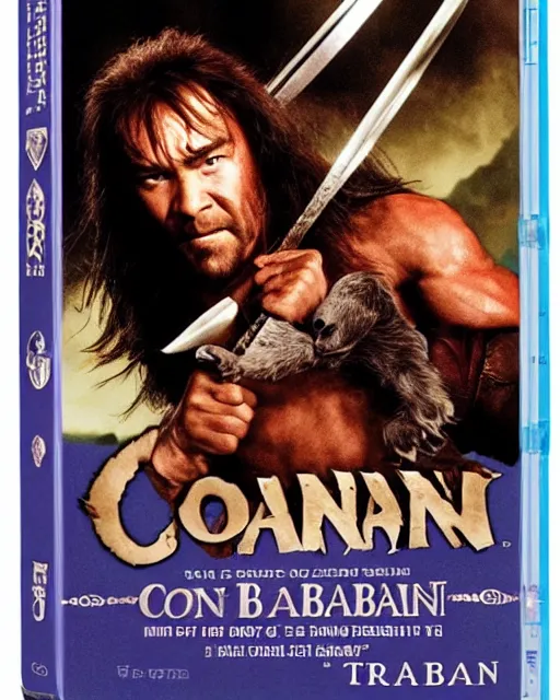 Prompt: 'Conan the Barbarian Adopts a Puppy' blu-ray DVD case still sealed in box, ebay listing
